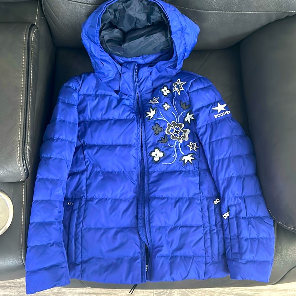 Bogner Kids Blue Hooded Puffer Jacket with Floral Embroidery